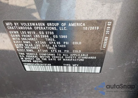 2019 Volkswagen Atlas 3.6L V6 Sel Premium z USA, uszkodzony, nr VIN 1V2NR2CA2KC613149